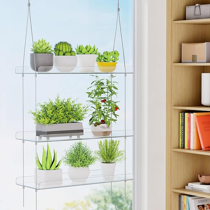 Lifewit 3-Tier Window Plant Shelves 15", Acrylic Adjustable Hanging Floating Shelf, Window Sill Extender for Succulent Plants, Micro Greens, Seed Starter Pots, Herb Planters 38 x 15 cm/15x6