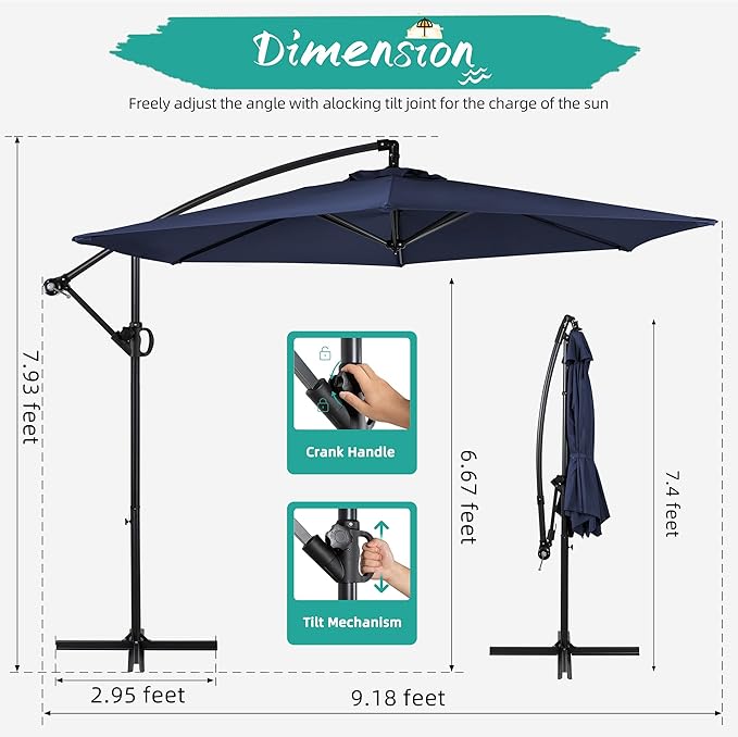 Shintenchi Patio Offset Umbrella with Easy Tilt Adjustment,Crank and Cross Base, Outdoor Cantilever Hanging Umbrella, Sunshade Free Standing Canopy, Navy Blue