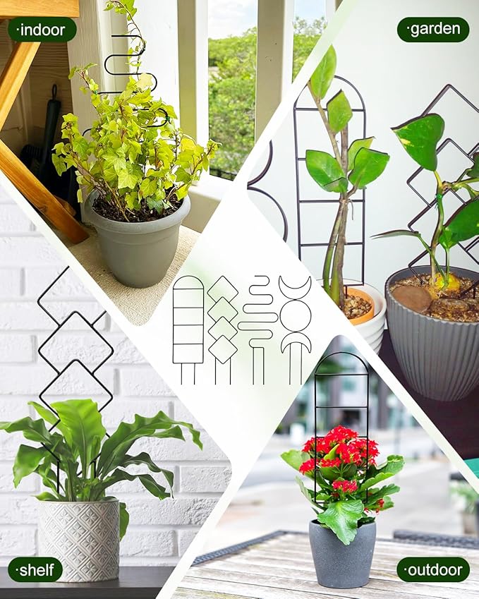 4 Pack Trellis for Indoor Climbing Plant, Small Metal Outdoor Garden Trellis for Potted Plants, Stake Mini Houseplant Trellis Support for Hoya, Vines, Pothos, Monstera (Black)