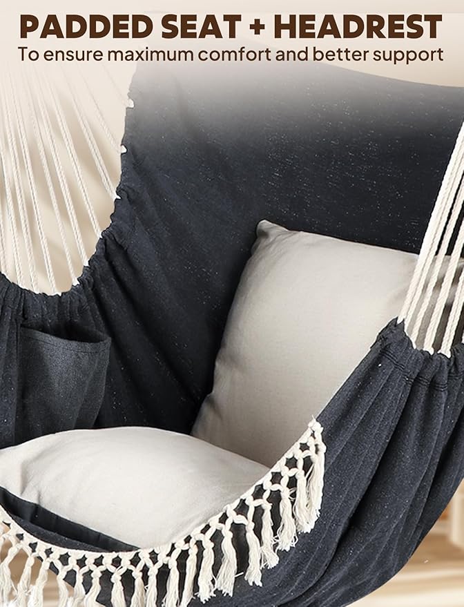 Chihee Hammock Chair Hanging Swing Max 500 Lbs 2 Cushions Included Steel Spreader Bar with Anti-Slip Grooves Portable Hanging Chair Side Pocket Large Macrame Bohemian Chair Indoor Outdoor