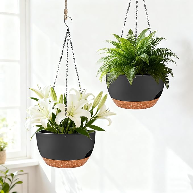 Set of 2-8 Inch Self Watering Hanging Planters for Indoor Outdoor，Hanging Plant Pots with Drainage & Removable Tray, Hanging Pots Holder for Ivy, Pothos, Ferns, Balcony & Patio, Black Brown