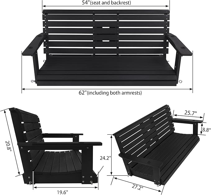 Poly Lumber 3-Seat Porch Swing, HIPS 5-Feet Bench Swing with Foldable Cup Holders,18/8 Stainless Steel Hardware, High Backrest and Deep Contoured Seat, Carbon Black