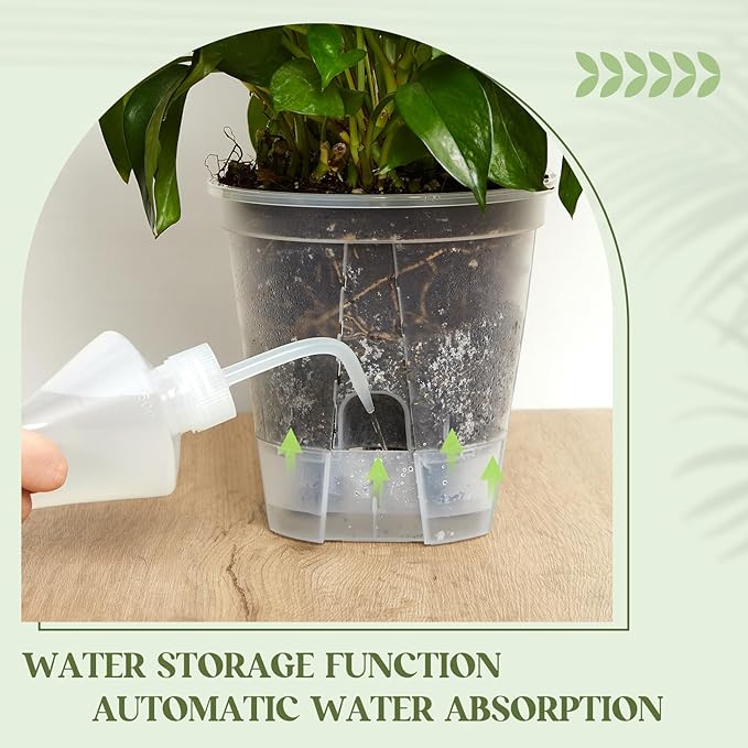Self Watering Pots for Indoor Plants with Deep Reservoir and High Drainage Holes for Outdoor Plants and Flowers, Bare Root Planter(7.09'',Clear,9 Pcs)