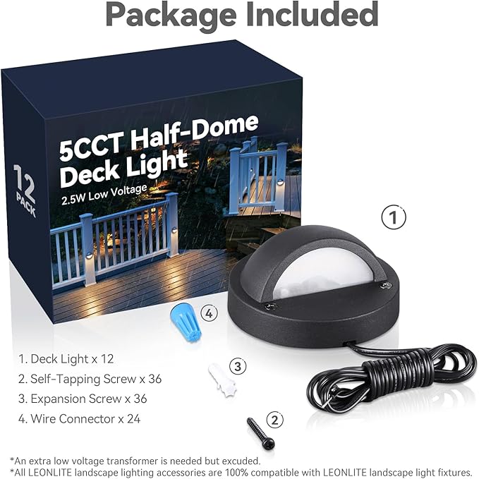 LEONLITE 12-Pack Update 5CCT LED Low Voltage Deck Lights, 180LM 3.74inch Landscape Step Railing Fence Light, 12-24V AC/DC, CRI90, Die-cast Aluminum Housing & Frosted Glass Lens, UL Cord, Black