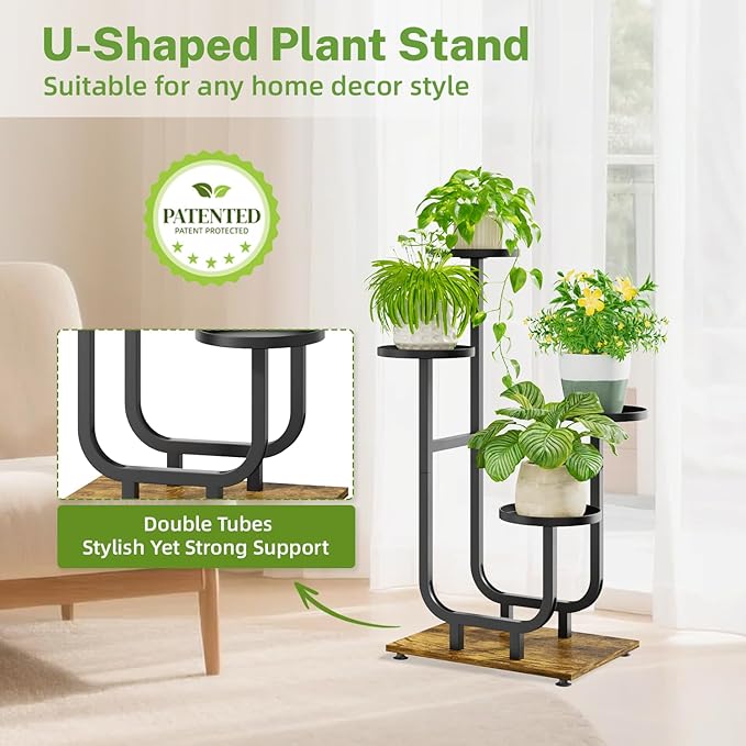 iDavosic.ly 4 Tier Plant Stand Indoor, Corner Tiered Multiple Flower Holder Shelf with Metal Trays, Orchid Display Wooden Rack for Patio Porch Living Room Balcony Outdoor, Modern Black & Rustic Brown