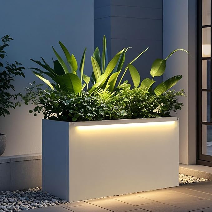 GSK 30" L White LED Metal Planter with Light Outdoor Illuminate Magnetic 3000K Lighting Strips Rectangular Flower Box Rectangle Trough Drainage Holes Indoor Patio Balcony Garden