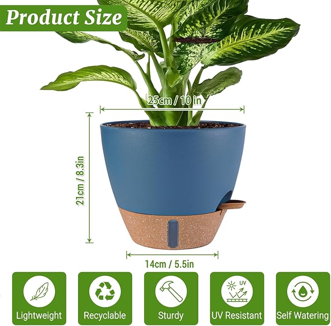 2 Pack 10 inch Plant Pots, Plastic Self Watering Planters with Drainage Holes, Deep Reservoir, Water Level Indicator, Modern Decorative Flower Pots for Indoor Outdoor Plants (Navy Blue, 10 inch)