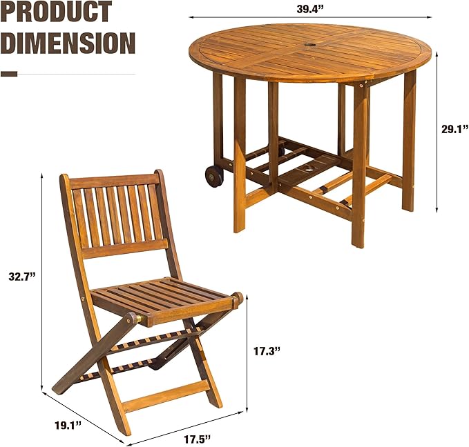Devoko 5 PCS Patio Furniture, Patio Dining Set Acacia Wood Outdoor Table and Chairs, with 4 Folding Chairs and 37" Round Movable Table, Outdoor Dining Set for Lawn, Balcony, Garden (Light Brown)