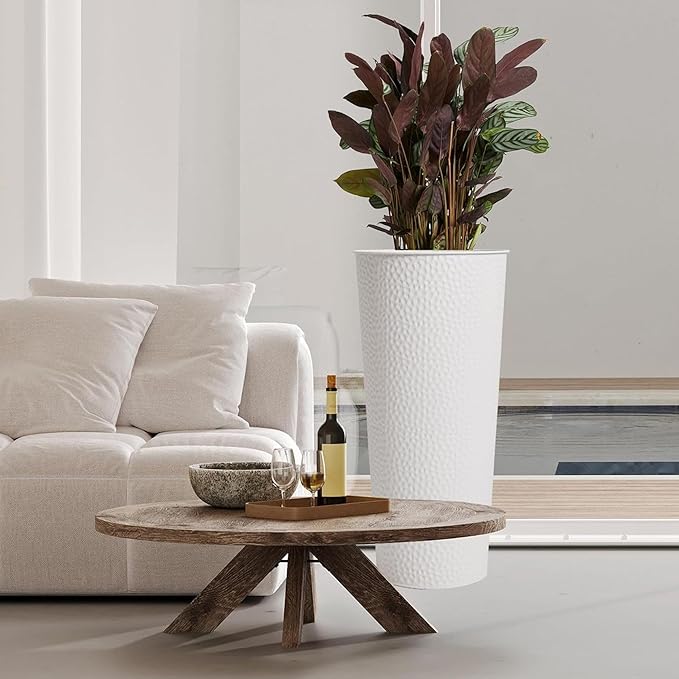 Worth 2 Pack 28" Tall Narrow Metal Planter with Inside Pot for Indoors or Outdoors, Deck, Patio or Front Porch, Hand-Hammered Texture, White