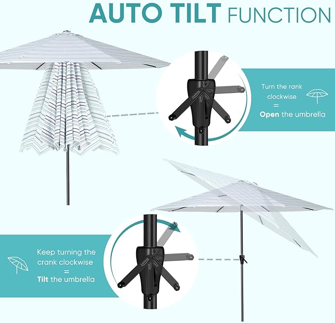 Tempera Patio Market Outdoor Table Umbrella with Auto Tilt and Crank, Large Sun Umbrella with Sturdy Pole & Fade Resistant Canopy, Easy to Set