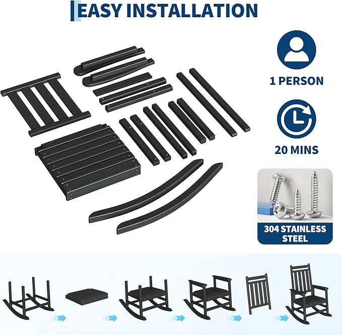 Rocking Chair Outdoor Set of 2 - HDPE Poly High Back Porch Rocker Chairs for Adults - All Weather Resistant Furniture for Patio Front Porch - Black