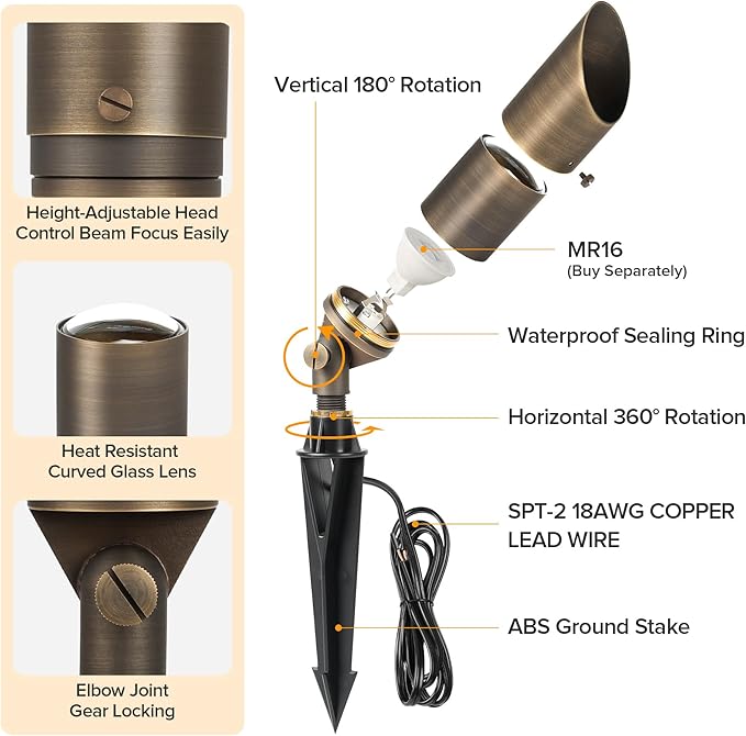 LUTEC Solid Brass Low Voltage Landscape Lighting, 12V Heavy Duty Waterproof Landscape Spotlights, Adjustable Bronze Uplights Outdoor Fixtures for Garden Yard Pathway Tree Without Bulb, 4 Pack