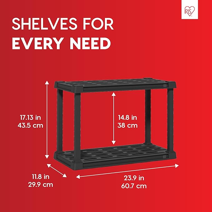 IRIS USA 2-Shelf Light Duty Plastic Storage Shelves, 100lb Capacity, 17" H x 24" W x 12" D, Medium Modular Shelving Unit Storage Organizer for Bathroom, Laundry, Garage & Home, Storage Rack - Black