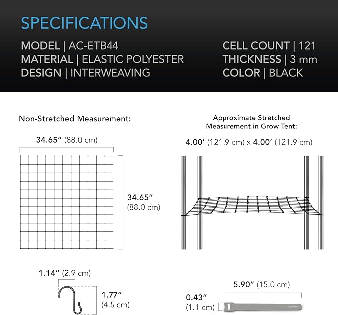 AC Infinity Grow Tent Trellis Netting 4x4', Heavy-Duty Elastic Plant Net with Steel Hooks, Flexible Hydroponics Support for Grow Tents, Gardening, and Horticulture