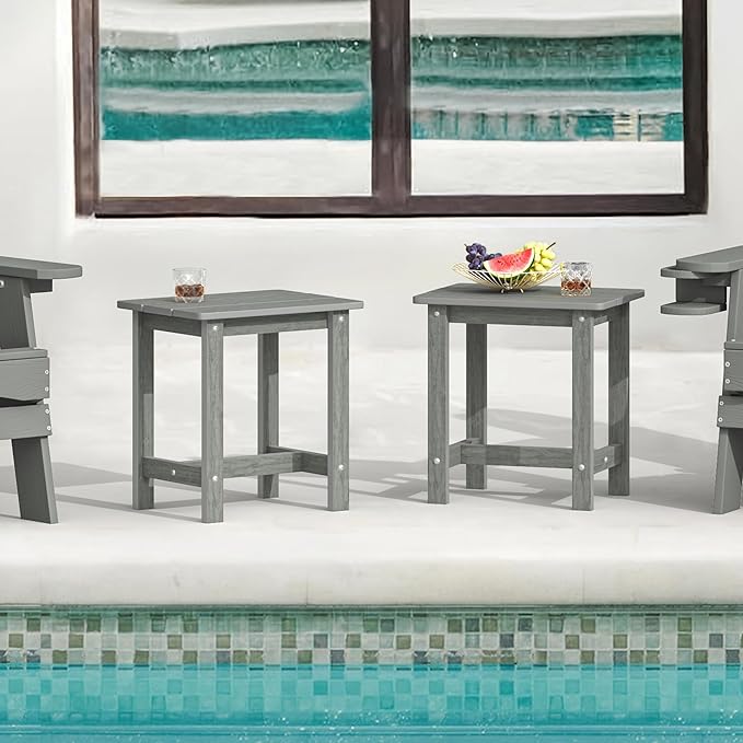 LUE BONA Outdoor Side Table Set of 2, HDPS Small Outdoor Table, Adirondack Side Table, Outside End Table for Patio, Porch, Deck, Pool, Weather Resistant/Easy Maintenance, Gray