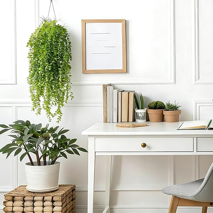 2 Pack Fake Hanging Plants, Artificial Hanging Eucalyptus Plants Greenery Vines UV Resistant Faux Trailing Plants for Indoor Outdoor Wall Shelf Porch Boho Home Patio Decor (2PCS Dark Green)