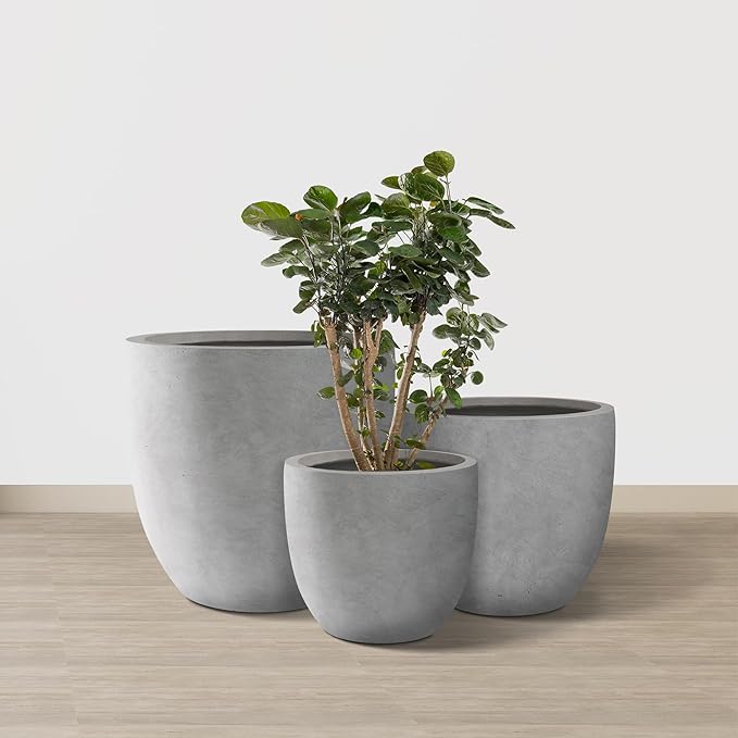 Kante 20",16.5",13.4" Dia Round Concrete Planters (Set of 3), Outdoor Indoor Modern Decorative Plant Pots with Drainage Hole & Rubber Plug for Home & Garden, Natural Concrete