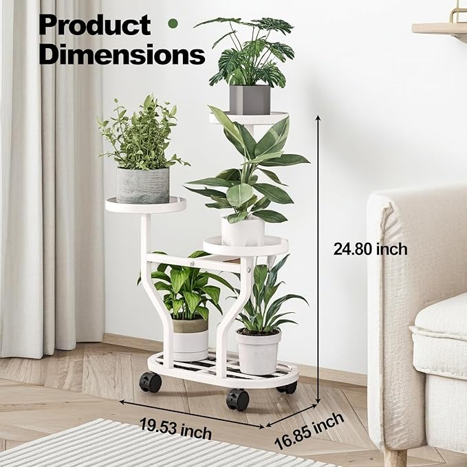 Plant Stand with Wheels 3 Tier Metal Plant Holder Corner Flower Shelf for Multiple Plants Display Rack for Bedroom Living Room Balcony Garden White (White, 3 Tier)