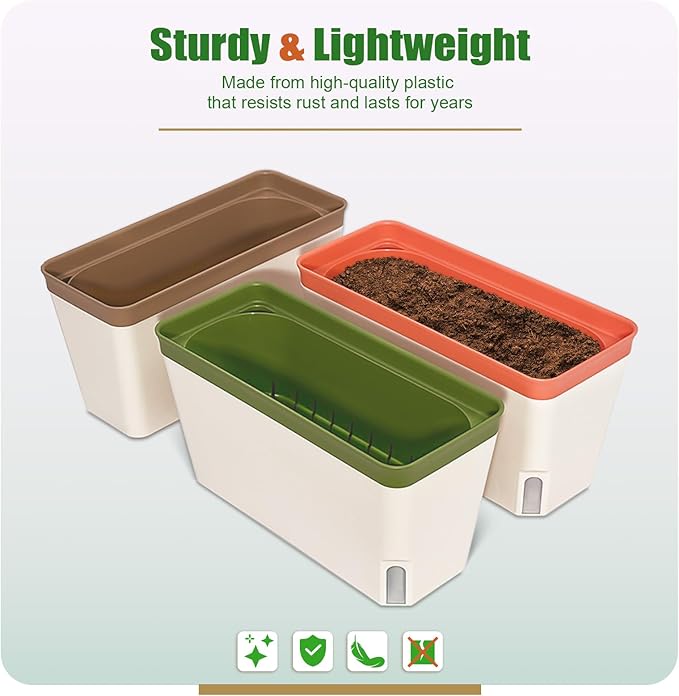 OurWarm 3 Pack Self Watering Herb Planter Set for Windowsill, 10.5In Indoor Herb Garden Planters with Water Level Indicator, Dual Layer Easy Care Pot for Basil, Flowers, Vegetables & Succulent