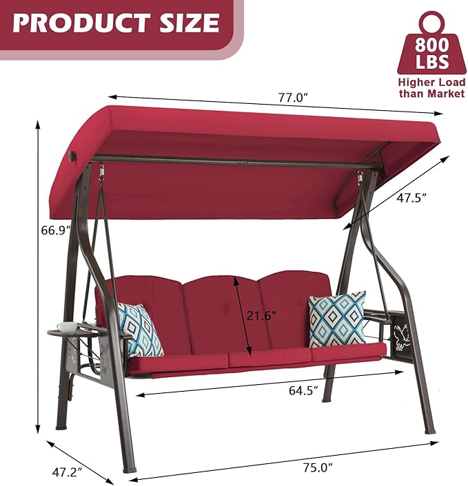 3-Seat Outdoor Porch Swing with Stand, Patio Swing with Canopy, 2 in 1 Porch Swing Bed & Patio Swing Chair for Adult w/Extra Pillows and Cup Holder for Yard (Wine Red)