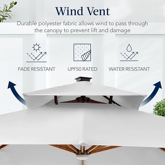 Best Choice Products 10ft Square Cantilever Patio Umbrella w/Base Included, Woodgrain Pattern Pole & Solar LED Lights, 360-Rotation, Offset Hanging Outdoor Shade - Fog Gray