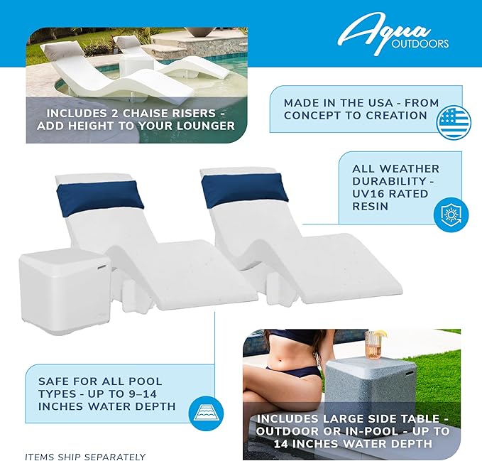 Aqua Outdoors in-Pool DEEP Ledge Chaise Set - Two Chaises - Two Headrest Pillows - Chaise Risers and One Large in Pool Side Table - for ledges 9"-14" inches Deep (Classic White-Blue)