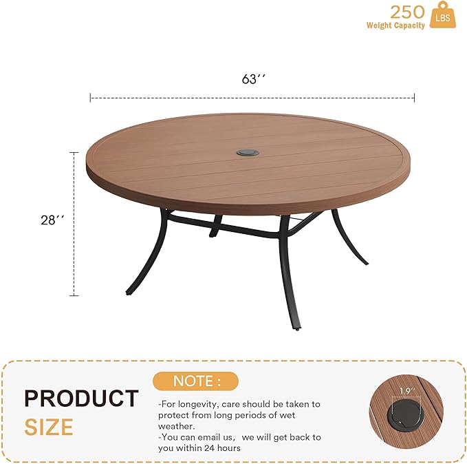 VICLLAX 63" Outdoor Round Patio Table with Umbrella Hole, All Weather Metal Round Outdoor Dining Table for Lawn Garden, 8-10 Person Table, Walnut Wood Grain