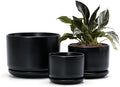 Ton Sin Plant Pots, 4.1+5.1+6.5 inch, Set of 3, Ceramic Planters with Drainage Hole and Saucer, Indoor Flower Pot Gifts for Mom（Matte Black）