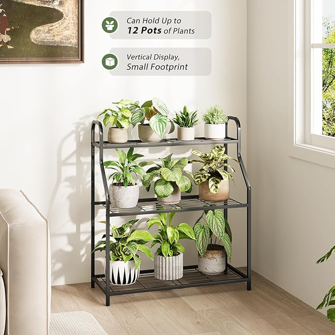 Plant Stand Outdoor 3 Tier Plant Stand Metal Plant Stands Waterproof Plant Holder Rack for Indoor Use Robust Flower Stand Plant Shelf for Living Room Balcony Garden Black