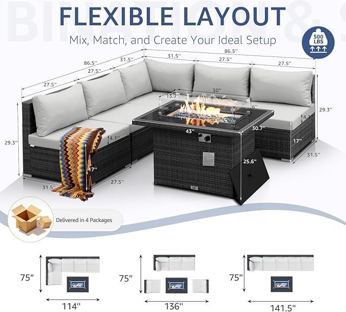 Nicesoul 6 Piece L Shaped Outdoor Patio Set with Firepit Table Natural Gas & Propane Convertible, 29.3'' High-Back Rattan Sectional Sofa, All Weather Deep Seats XL Large Conversation for Outside, Grey
