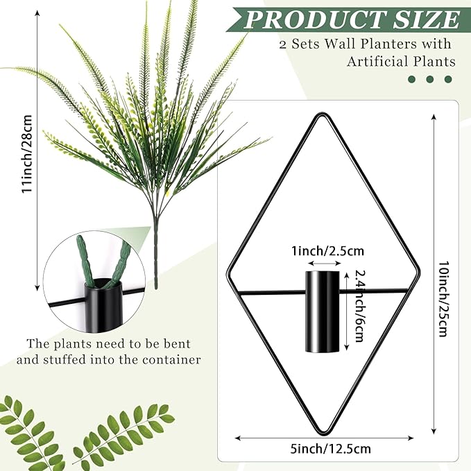 2 Pieces Black Wall Decor Hanging Planters with Artificial Plants Metal Hanging Vase Indoor Plants Holder Modern Geometric Wall Art for Bathroom Bedroom Living Room Decor(Boston Fern)