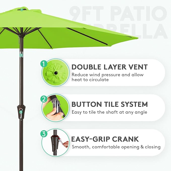 JEAREY 9FT Outdoor Patio Umbrella Outdoor Table Umbrella with Push Button Tilt and Crank, Market Umbrella 8 Sturdy Ribs UV Protection Waterproof for Garden, Deck, Backyard, Pool (Apple Green)