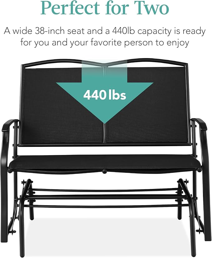 Best Choice Products 2-Person Outdoor Patio Swing Glider Steel Bench Loveseat Rocker for Deck, Porch w/Textilene Fabric, Steel Frame - Black