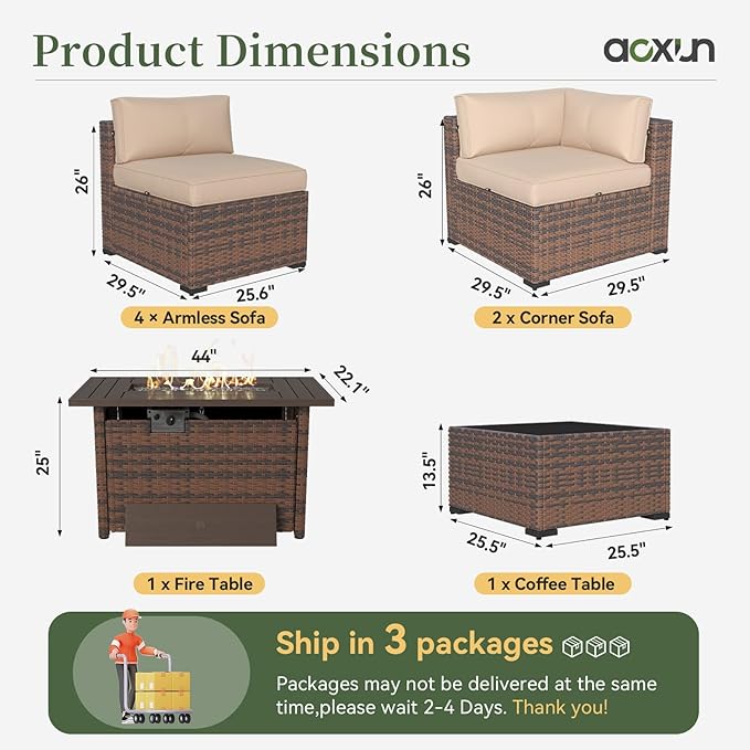 Aoxun 8 Piece Patio Furniture Set with 44” Fire Pit Table Wicker Rattan Outdoor Sectional Sofa Set with Coffee Table and Thickened Cushions, Beige (Waterproof Cover Included)