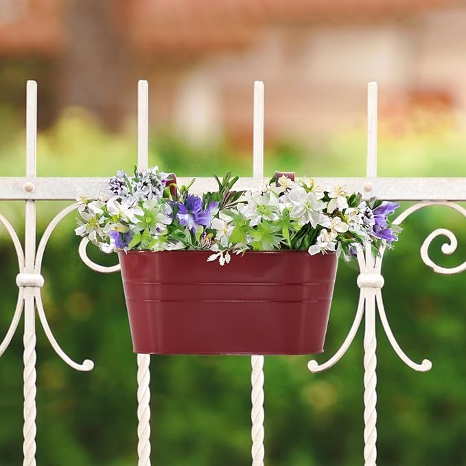 3 Pack Metal Railing Planters, 10.5" Oval Hanging Flower Pots with Detachable Hooks & Drainage Holes, Fits Rails up to 2.36", Galvanized Iron Fence Bucket for Balcony Garden Patio - Red