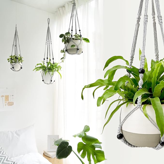 Mkono Macrame Plant Hanger Indoor Hanging Planter Basket with Wood Beads Decorative Flower Pot Holder No Tassels for Indoor Outdoor Boho Home Decor 35 Inch, Grey, Set of 1 (POTS NOT Included)