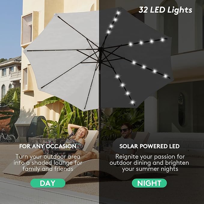 JEAREY 9FT Outdoor Patio Umbrella with Solar Lights, LED Lighted Pool Umbrella with Tilt and Crank, Outdoor Table Umbrellas for Deck, Yard & Market (Light Grey)