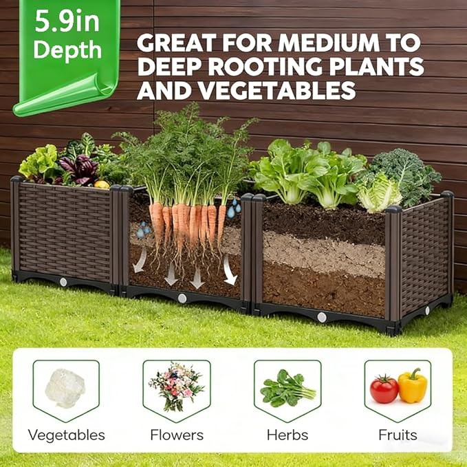 CloudDream 3Piece Brown Raised Garden Box Set, Ideal for Growing Vegetables, Herbs, Flowers & Succulents. with Built-in Drain outlets and,it Works Well Indoors and Outdoors, Suitable (Brown)