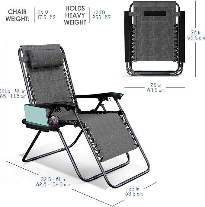 Nestl Zero Gravity Chairs Set of 6, Patio Lounge Chair Outdoor with Pillows & Cup Holder Trays, Adjustable Steel Mesh Reclining Camping Chair, Folding Patio Lawn Chair for Deck, Beach, Yard - Grey