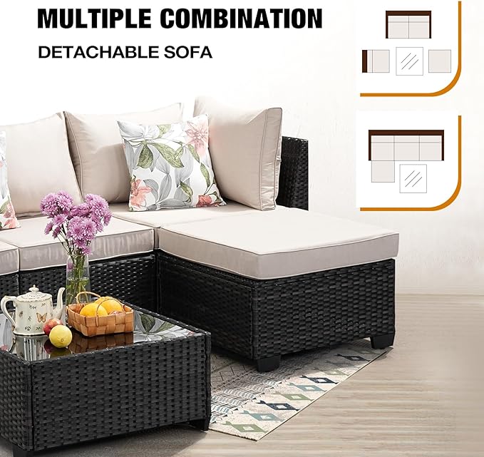 5 Pieces Patio Furniture Set All-Weather Outdoor Wicker Sectional Conversation Sofa Rattan Patio Seating Sofa with Cushion and Glass Table and Ottoman for Porch,Beige