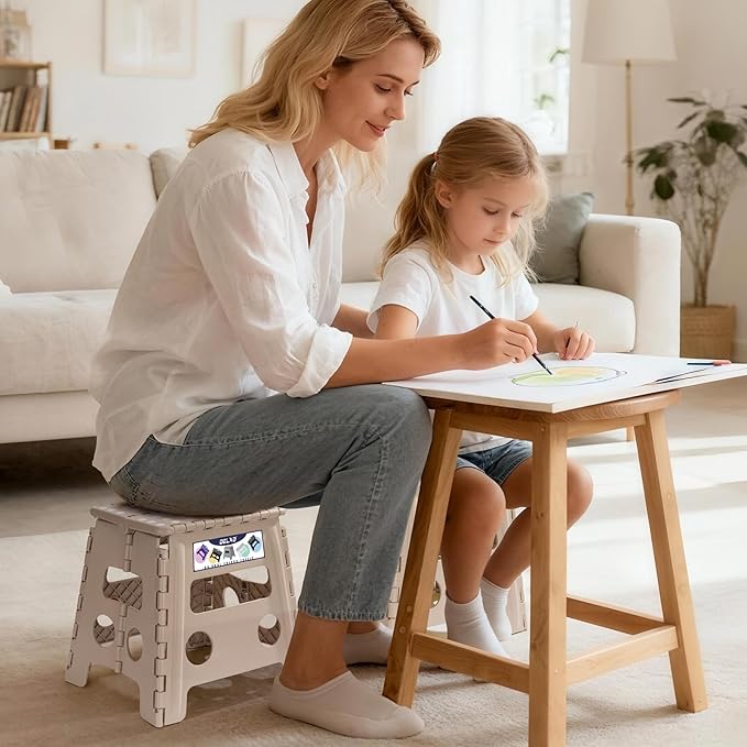 Delxo Office Step Stool, 13 inch Non-Slip Foldable Stools for Adults Up to 300 LBS, Step Stool with Handle, Lightweight for Kitchen, Bathroom, Bedroom, Office, Khaki, 1PC