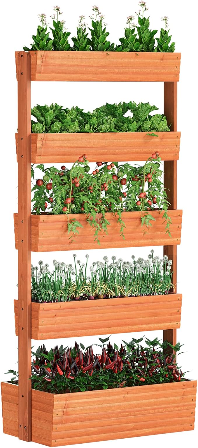 FILWH Wooden Raised Garden Bed Vertical Planter Box, Freestanding Plant Stand for Indoor Outdoor Plants, Herbs, Flowers, Vegetables, Gardening (Reddish Brown, 5-Tier，29.9 x 17.9 x 68in)