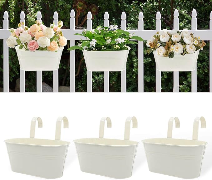 Metal Railing Planters for Outdoor Plants - 3 Pcs Balcony Hanging Flower Pots with Detachable Hooks & Drain Holes, Windowsill Oval Hanging Bucket Pots Fence Planters for Garden Home Decor, Cream White