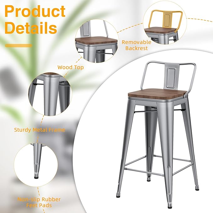 Yongchuang 24 inch Barstools Set of 4 Counter Height Bar Stools Farmhouse Kitchen Metal Bar Chairs with Wood Seat Low Back Silver