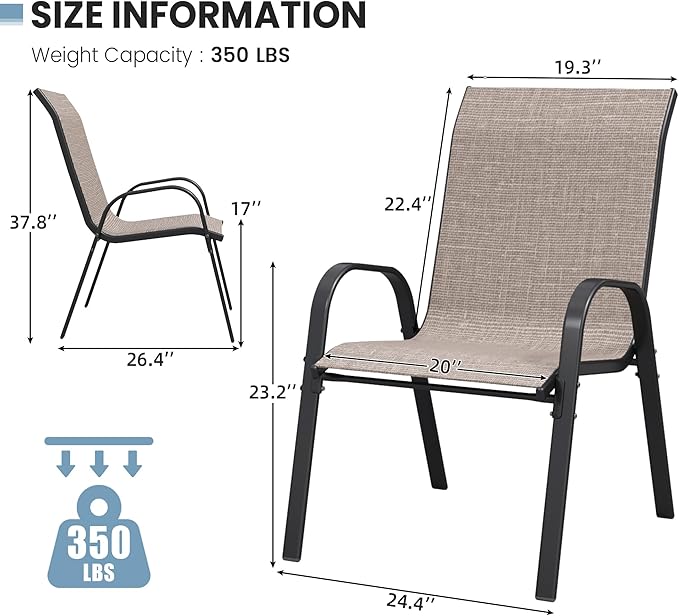 Patio Dining Chairs Set of 4, Stackable Dining Chairs High Back, Breathable Seat Fabric and Alloy Steel Frame for Backyard, Porch, Garden, Sunroom (Light Brown)