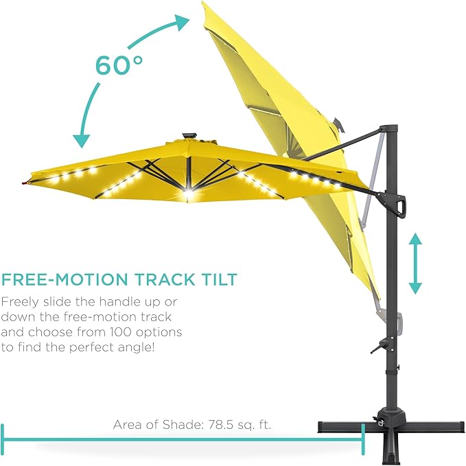 Best Choice Products 10ft Solar LED Cantilever Patio Umbrella, 360-Degree Rotation Hanging Offset Market Outdoor Sun Shade for Backyard, Deck, Poolside w/Lights, Easy Tilt, Cross Base