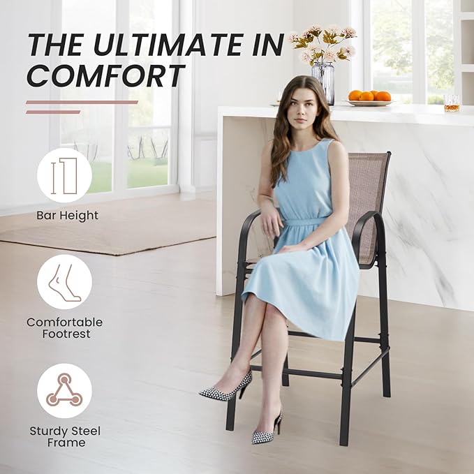 HOMREST Outdoor Bar Height Stools Set of 8,High Back Patio Chairs with Armrests,Textilene Chairs with Breathable Fabric & Metal Frame for All Weather,Taupe