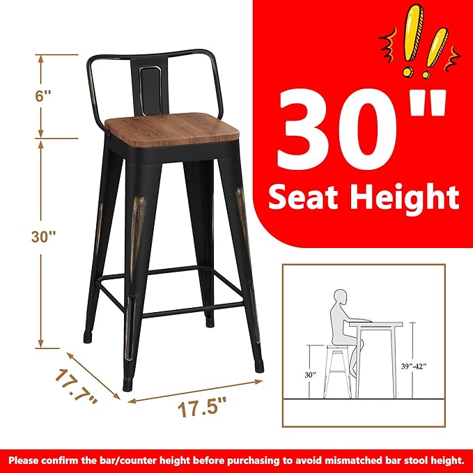 WENTMENT Bar Stools Set of 4 Counter Height Bar Stools Metal Barstools with Removable Back 30" Kitchen Bar Stools with Wooden Seat, Distressed Black