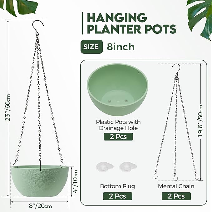 T4U 8 Inch Hanging Planter for Indoor Plants, 2 Pack Small Pots with Drainage Holes, Flower Basket Plant Holder for Home, Green