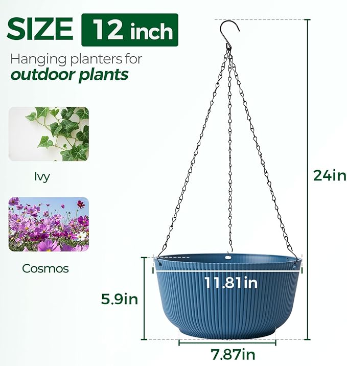 T4U 12 Inch Large Hanging Planters for Outdoor Plants, 2 Pack Self Watering Pots Indoor, Hanging Baskets for Plants,Hanging Flower Pot with Drainage Hole and Plant Hanger, Blue